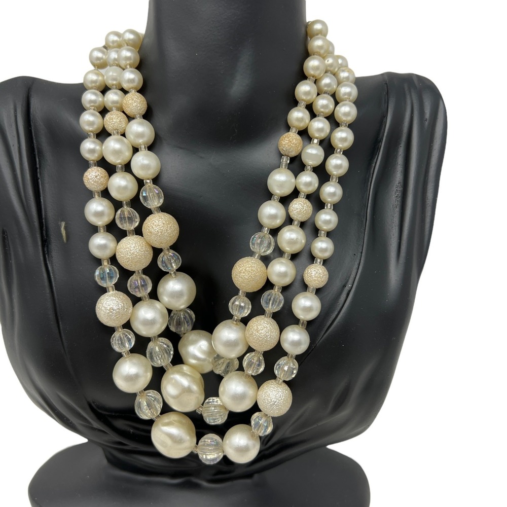Pearl Necklace 3‎ Strand Clear White Beads Vintage Made in Japan